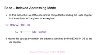 Prepared by M.V.Bhuvaneswari, Asst.Prof, CSE, MVGRA
Base – Indexed Addressing Mode
● In this mode the EA of the operand is computed by adding the Base register
to the contents of the given Index register.
Ex: MOV AL, [BX + SI]
AL DS : [BX+SI]
It moves the data (a byte) from the address specified by the BX+SI in DS to the
AL register
 