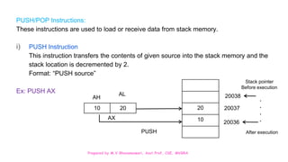 Prepared by M.V.Bhuvaneswari, Asst.Prof, CSE, MVGRA
PUSH/POP Instructions:
These instructions are used to load or receive data from stack memory.
i) PUSH Instruction
This instruction transfers the contents of given source into the stack memory and the
stack location is decremented by 2.
Format: “PUSH source”
Ex: PUSH AX
20
10
10 20
AH
AL
AX
20038
20036
20037
Stack pointer
Before execution
After execution
.
.
.
.
PUSH
 