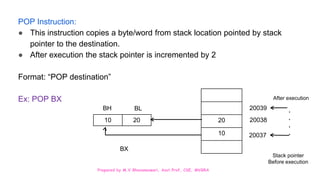 Prepared by M.V.Bhuvaneswari, Asst.Prof, CSE, MVGRA
POP Instruction:
● This instruction copies a byte/word from stack location pointed by stack
pointer to the destination.
● After execution the stack pointer is incremented by 2
Format: “POP destination”
Ex: POP BX
20
10
10 20
BH BL
BX
20038
20037
20039
After execution
Stack pointer
Before execution
.
.
.
.
 