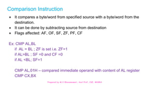 Prepared by M.V.Bhuvaneswari, Asst.Prof, CSE, MVGRA
Comparison Instruction
● It compares a byte/word from specified source with a byte/word from the
destination.
● It can be done by subtracting source from destination
● Flags affected: AF, OF, SF, ZF, PF, CF
Ex: CMP AL,BL
if AL = BL ; ZF is set i.e. ZF=1
if AL>BL ; SF =0 and CF =0
if AL <BL; SF=1
CMP AL,01H – compared immediate operand with content of AL register
CMP CX,BX
 