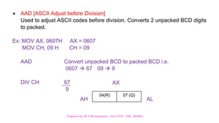 Prepared by M.V.Bhuvaneswari, Asst.Prof, CSE, MVGRA
● AAD [ASCII Adjust before Division]
Used to adjust ASCII codes before division. Converts 2 unpacked BCD digits
to packed.
Ex: MOV AX, 0607H AX = 0607
MOV CH, 09 H CH = 09
AAD Convert unpacked BCD to packed BCD i.e.
0607  67 09  9
DIV CH 67
9
04(R) 07 (Q)
AH AL
AX
 