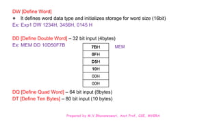 Prepared by M.V.Bhuvaneswari, Asst.Prof, CSE, MVGRA
DW [Define Word]
● It defines word data type and initializes storage for word size (16bit)
Ex: Exp1 DW 1234H, 3456H, 0145 H
DD [Define Double Word] – 32 bit input (4bytes)
Ex: MEM DD 10D50F7B
DQ [Define Quad Word] – 64 bit input (8bytes)
DT [Define Ten Bytes] – 80 bit input (10 bytes)
7BH
0FH
D5H
10H
00H
00H
MEM
 