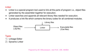 Prepared by M.V.Bhuvaneswari, Asst.Prof, CSE, MVGRA
Linker
● Linker is a special program tool used to link all the parts of program i.e., object files
generated by the assembler together for execution.
● Linker searches and appends all relevant library files needed for execution.
● It produces a link file which contains the binary codes for all combined modules.
Types
1) Linkage Editor
2) Dynamic Linker
Linker
Object files
(.obj file)
Executable files
(.Exe files)
Library files
 