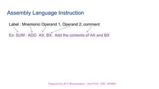 Prepared by M.V.Bhuvaneswari, Asst.Prof, CSE, MVGRA
Assembly Language Instruction
Label : Mnemonic Operand 1, Operand 2; comment
Ex: SUM : ADD AX, BX; Add the contents of AX and BX
 