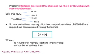 Prepared by M.V.Bhuvaneswari, Asst.Prof, CSE, MVGRA
Problem: Interfacing two 4k x 8 RAM chips and two 4k x 8 EPROM chips with
8086 microprocessor.
Sol: Two ROM
Two RAM
● So to address these memory chips how many address lines of 8086 MP are
required, we can calculate by using the formula
Where ,
N = number of memory locations I memory chip
n= number of address lines
2n = N
4k x 8
4k x 8
4k x 8
4k x 8
 
