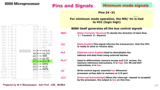 Prepared by M.V.Bhuvaneswari, Asst.Prof, CSE, MVGRA
Pins and Signals
8086 Microprocessor
Pins 24 -31
For minimum mode operation, the MN/ 𝐌𝐗 is tied
to VCC (logic high)
8086 itself generates all the bus control signals
D
T
/
𝐑
ഥ (Data Transmit/ Receive) To decide the direction of data flow.
1 - Transmit 0 - Receive
𝐃𝐄𝐍 (Data Enable) This signal informs the transceivers that the CPU
is ready to send or receive data.
ALE (Address Latch Enable) Used to demultiplex the
address and data lines using external latches
M/𝐈𝐎 Used to differentiate memory access and I/O access. For
memory reference instructions, it is high. For IN and OUT
instructions, it is low.
𝐖𝐑 Write control signal; asserted low Whenever
processor writes data to memory or I/O port
𝐈𝐍𝐓𝐀 (Interrupt Acknowledge) When the interrupt request is accepted
by the processor, the output is low on this line.
14
Minimum mode signals
 