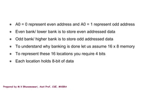 Prepared by M.V.Bhuvaneswari, Asst.Prof, CSE, MVGRA
● A0 = 0 represent even address and A0 = 1 represent odd address
● Even bank/ lower bank is to store even addressed data
● Odd bank/ higher bank is to store odd addressed data
● To understand why banking is done let us assume 16 x 8 memory
● To represent these 16 locations you require 4 bits
● Each location holds 8-bit of data
 