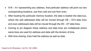 Prepared by M.V.Bhuvaneswari, Asst.Prof, CSE, MVGRA
● A19 – A1 representing any address, that particular address will point out two
corresponding locations, one from odd and one from even.
● After locating the particular memory location, the data is loaded into data bus,
where the odd addressed data will be moved through D8 – D15 data lines
and even addressed data will be moved through the D0 – D7 data lines.
● Coming to pin diagram these address and data lines are multiplexed where
same lines are used for address and data with the division of time.
● With time sharing, lines hold the address as well as data.
 