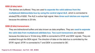 Prepared by M.V.Bhuvaneswari, Asst.Prof, CSE, MVGRA
8282 (8 bits) latch :
The latches are buffered. They are used to separate the valid address from the
multiplexed Address/data bus by using the control signal ALE, which is connected to
strobe(STB) of 8282. The ALE is active high signal. Here three such latches are required
because the address is 20 bits.
8286 (8 bits) transceivers :
They are bidirectional buffers and also known as data amplifiers. They are used to separate
the valid data from multiplexed add/data bus. Two such transceivers are needed
because the data bus is 16 bits long. 8286 is connected to DT/R’ and DEN’ signals. They are
enabled through the DEN signal .The direction of data on the data bus is controlled by the
DT/R’ signal. DT/R’ is connected to T and DEN’ is connected to OE’.
 
