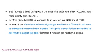 Prepared by M.V.Bhuvaneswari, Asst.Prof, CSE, MVGRA
● Bus request is done using RQ’ / GT’ lines interfaced with 8086. RQ0/GT0 has
more priority than RQ1/GT1.
● INTA’ is given by 8288, in response to an interrupt on INTR line of 8086.
● In max mode, the advanced write signals get enabled one T-state in advance
as compared to normal write signals. This gives slower devices more time to
get ready to accept the data, therefore it reduces the number of cycles.
 