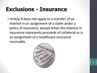 Exclusions - Insurance
Article 9 does not apply to a transfer of an
 interest in or assignment of a claim under a
 policy of insurance, except when the interest in
 insurance represents proceeds of collateral or is
 an assignment of a healthcare insurance
 receivable.




                                                     5
 
