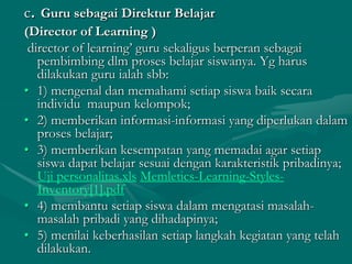 c. Guru sebagai Direktur Belajar
(Director of Learning )
director of learning’ guru sekaligus berperan sebagai
pembimbing dlm proses belajar siswanya. Yg harus
dilakukan guru ialah sbb:
• 1) mengenal dan memahami setiap siswa baik secara
individu maupun kelompok;
• 2) memberikan informasi-informasi yang diperlukan dalam
proses belajar;
• 3) memberikan kesempatan yang memadai agar setiap
siswa dapat belajar sesuai dengan karakteristik pribadinya;
Uji personalitas.xls Memletics-Learning-Styles-
Inventory[1].pdf
• 4) membantu setiap siswa dalam mengatasi masalah-
masalah pribadi yang dihadapinya;
• 5) menilai keberhasilan setiap langkah kegiatan yang telah
dilakukan.
 
