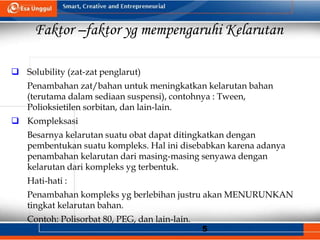 5
Faktor –faktor yg mempengaruhi Kelarutan
 Solubility (zat-zat penglarut)
Penambahan zat/bahan untuk meningkatkan kelarutan bahan
(terutama dalam sediaan suspensi), contohnya : Tween,
Polioksietilen sorbitan, dan lain-lain.
 Kompleksasi
Besarnya kelarutan suatu obat dapat ditingkatkan dengan
pembentukan suatu kompleks. Hal ini disebabkan karena adanya
penambahan kelarutan dari masing-masing senyawa dengan
kelarutan dari kompleks yg terbentuk.
Hati-hati :
Penambahan kompleks yg berlebihan justru akan MENURUNKAN
tingkat kelarutan bahan.
Contoh: Polisorbat 80, PEG, dan lain-lain.
 