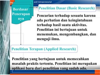 Berdasar
Penerapan
nya
Penelitian Dasar (Basic Research)
Pencarian terhadap sesuatu karena
ada perhatian dan keingintahuan
terhadap hasil suatu aktivitas.
Penelitian ini bertujuan untuk
menemukan, mengembangkan, dan
menguji ilmu.
Penelitian Terapan (Applied Research)
Penelitian yang bertujuan untuk memecahkan
masalah praktis tertentu. Penelitian ini merupakan
aplikasi baru dari penelitian yang sudah ada.
 
