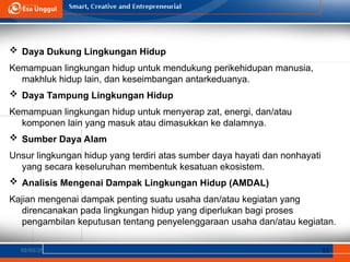 02/03/25 11
 Daya Dukung Lingkungan Hidup
Kemampuan lingkungan hidup untuk mendukung perikehidupan manusia,
makhluk hidup lain, dan keseimbangan antarkeduanya.
 Daya Tampung Lingkungan Hidup
Kemampuan lingkungan hidup untuk menyerap zat, energi, dan/atau
komponen lain yang masuk atau dimasukkan ke dalamnya.
 Sumber Daya Alam
Unsur lingkungan hidup yang terdiri atas sumber daya hayati dan nonhayati
yang secara keseluruhan membentuk kesatuan ekosistem.
 Analisis Mengenai Dampak Lingkungan Hidup (AMDAL)
Kajian mengenai dampak penting suatu usaha dan/atau kegiatan yang
direncanakan pada lingkungan hidup yang diperlukan bagi proses
pengambilan keputusan tentang penyelenggaraan usaha dan/atau kegiatan.
 