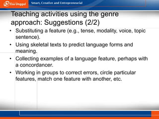 Teaching activities using the genre
approach: Suggestions (2/2)
• Substituting a feature (e.g., tense, modality, voice, topic
sentence).
• Using skeletal texts to predict language forms and
meaning.
• Collecting examples of a language feature, perhaps with
a concordancer.
• Working in groups to correct errors, circle particular
features, match one feature with another, etc.
 