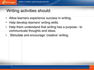 Writing activities should:
• Allow learners experience success in writing.
• Help develop learners' writing skills.
• Help them understand that writing has a purpose - to
communicate thoughts and ideas.
• Stimulate and encourage ‘creative’ writing.
 