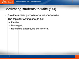 Motivating students to write (1/3)
• Provide a clear purpose or a reason to write.
• The topic for writing should be:
– Familiar,
– Meaningful,
– Relevant to students, life and interests.
 