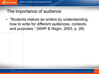 The importance of audience
• “Students mature as writers by understanding
how to write for different audiences, contexts,
and purposes.” (NWP & Nagin, 2003, p. 26)
 