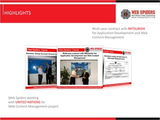 HIGHLIGHTS

                                  Multi-year contract with MITSUBISHI
                                  for Application Development and Web
                                  Content Management




 Web Spiders working
 with UNITED NATIONS for
 Web Content Management project
 