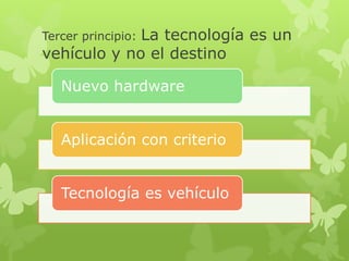 La tecnología es un
Tercer principio:
vehículo y no el destino

   Nuevo hardware


   Aplicación con criterio


   Tecnología es vehículo
 