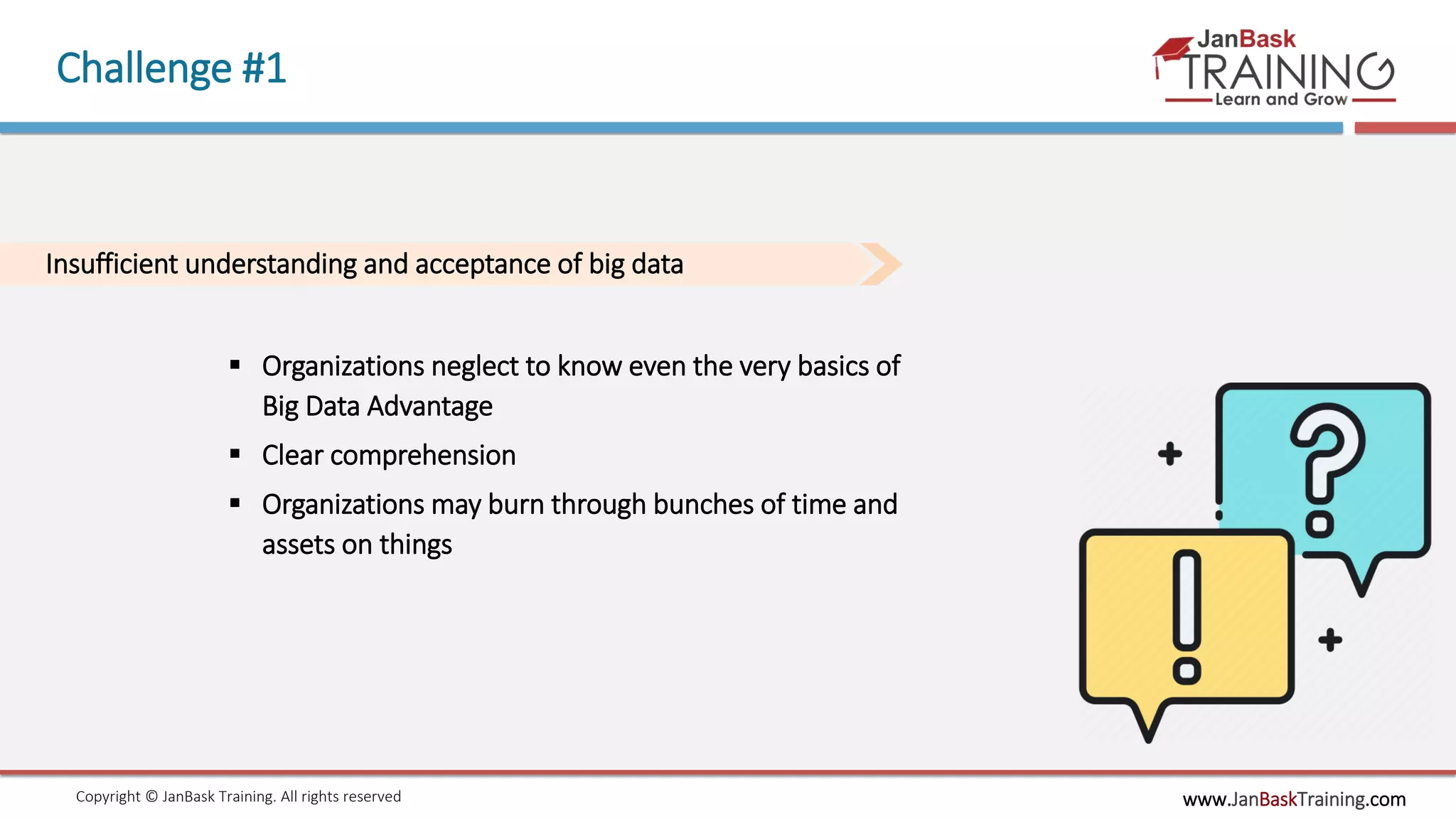 www.JanBaskTraining.comCopyright © JanBask Training. All rights reserved
Challenge #1
Insufficient understanding and acceptance of big data
 Organizations neglect to know even the very basics of
Big Data Advantage
 Clear comprehension
 Organizations may burn through bunches of time and
assets on things
 