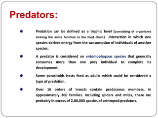 Predators:
Predation can be defined as a trophic level (consisting of organisms
sharing the same function in the food chain) interaction in which one
species derives energy from the consumption of individuals of another
species.
A predator is considered an entomophagous species that generally
consumes more than one prey individual to complete its
development.
Some parasitoids hosts feed as adults which could be considered a
type of predation.
Over 16 orders of insects contain predaceous members, in
approximately 200 families. Including spiders and mites, there are
probably in excess of 2,00,000 species of arthropod predators.
 