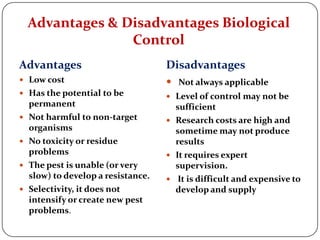 Advantages & Disadvantages Biological
Control
Advantages
 Low cost
 Has the potential to be
permanent
 Not harmful to non-target
organisms
 No toxicity or residue
problems
 The pest is unable (or very
slow) to develop a resistance.
 Selectivity, it does not
intensify or create new pest
problems.
Disadvantages
 Not always applicable
 Level of control may not be
sufficient
 Research costs are high and
sometime may not produce
results
 It requires expert
supervision.
 It is difficult and expensive to
develop and supply
 