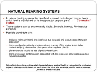 NATURAL REARING SYSTEMS
 In natural rearing systems the beneficial is reared on its target prey or hosts,
which itself is maintained on its host plant (or on plant parts) "tritrophic"
system
 These systems can be economically viable: Encarsia formosa, Phytoseiulus
persimilis
 Possible drawbacks are:
• tritrophic rearing systems are expansive due to space and labour needed for plant
production
• there may be discontinuity problems at one or more of the trophic levels to be
maintained (e.g. diseases or other pests attacking host plants)
• plant materials should be free of pesticide residues
• there are risks of contamination associated with the release of beneficials reared on
natural substrates
Tritrophic interactions as they relate to plant defense against herbivory describe the ecological
impacts of three trophic levels on each other: the plant, the herbivore, and its natural enemies,
predators of the herbivore.
 