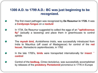 1300 A.D. to 1799 A.D.: BC was just beginning to be
recognized.
The first insect pathogen was recognized by De Reaumur in 1726. It was
a Cordyceps fungus on a noctuid
In 1734, De Reaumur suggested to collect the eggs of an "aphidivorous
fly" (actually a lacewing) and place them in greenhouses to control
aphids
The mynah bird, Acridotheres tristis, was successfully introduced from
India to Mauritius (off coast of Madagascar) for control of the red
locust, Nomadacris septemfasciata, in 1762
In the late 1700's, birds were transported internationally for insect ``
control
Control of the bedbug, Cimex lectularius, was successfully accomplished
by releases of the predatory Pentatomid picromerus in 1776 in Europe
 