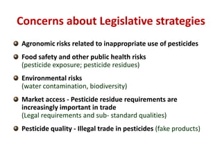 Concerns about Legislative strategies
Agronomic risks related to inappropriate use of pesticides
Food safety and other public health risks
(pesticide exposure; pesticide residues)
Environmental risks
(water contamination, biodiversity)
Market access - Pesticide residue requirements are
increasingly important in trade
(Legal requirements and sub- standard qualities)
Pesticide quality - Illegal trade in pesticides (fake products)
 