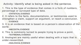 Activity: Identify what is being asked in the sentence.
1. This is the type of evidence that comes in a form of numbers,
percentage or surveyed type of data.
2. It refers to the facts, documentations, or testimonies used to
strengthen a claim, support an argument, or reach a conclusion.
3. It is an evidence that is based on a person’s observation of the
world.
4. This is commonly turned to people trying to prove a point.
5. Analogies are mainly useful when dealing with a topic that is
under-researched.
- STATISTICAL EVIDENCE
- EVIDENCE
- ANECDOTAL EVIDENCE
- TESTIMONIAL EVIDENCE
- ANALOGICAL EVIDENCE
 