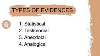 1. Statistical
2. Testimonial
3. Anecdotal
4. Analogical
TYPES OF EVIDENCES
 