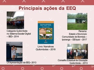 Parceria:
Estadox Município
Comunidade de Bombas–
Iporanga – DEApiaí –2017
Principais ações da EEQ
Conselho Estadual de Educação
Quilombola –2013
Categoria Quilombola
no Sistema EscolarDigital
– SED– 2014
Livro: Narrativas
Quilombolas –2018
OTApresentação da EEQ–2013
 