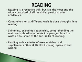 READING








Reading is a receptive skill, but it is the most and the
widely practiced of all the skills, particularly in
academics.

Comprehension at different levels is done through silent
reading.
Skimming, scanning, sequencing, comprehending the
main and subordinate points in a paragraph or in a
write up are some of the sub-skills of reading.
Reading wide varieties of texts enriches and
supplements other skills like listening, speak in and
writing.

 