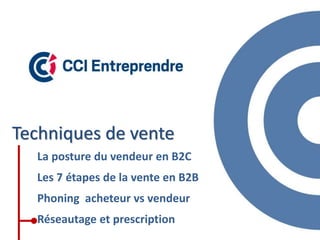 Techniques de vente
La posture du vendeur en B2C
Les 7 étapes de la vente en B2B
Phoning acheteur vs vendeur
Réseautage et prescription
 