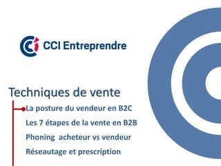 Techniques de vente
La posture du vendeur en B2C
Les 7 étapes de la vente en B2B
Phoning acheteur vs vendeur
Réseautage et prescription
 