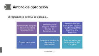 Ámbito de aplicación
El reglamento de ITSE se aplica a…
Administrados obligados
a obtener Licencia de
Funcionamiento
Administrados no
obligados a obtener
Licencia de
Funcionamiento
Administrados que
promueven u organicen
espectáculos públicos
deportivos o no
deportivos
Órganos ejecutantes
Inspectores técnicos de
seguridad en
edificaciones
Todos los sujetos que
participen en la ITSE,
ECSE y VISE
 