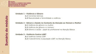 Coleção:
ATENÇÃO A HOMENS E MULHERES
EM SITUAÇÃO DE VIOLÊNCIA
POR PARCEIROS ÍNTIMOS
Módulo: Violência e perspectiva relacional de gênero
Sumário
do
módulo
Unidade 1 - Violência e Gênero
1.1 Correntes teóricas
1.2 Masculinidade e feminilidade e violência
Unidade 2 - Gênero e Saúde no Contexto da Atenção ao Homem e Mulher
2.1 Violência de gênero e a mulher
2.2 Violência de gênero e o homem
2.3 Gênero e saúde - papel do profissional na Atenção Básica
Unidade 3 - Violência Contra LGBT
3.1 Violência contra LGBT
3.2 O atendimento à população LGBT na Atenção Básica
3
 