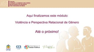 Coleção:
ATENÇÃO A HOMENS E MULHERES
EM SITUAÇÃO DE VIOLÊNCIA
POR PARCEIROS ÍNTIMOS
Módulo: Violência e perspectiva relacional de gênero
Até o próximo!
Aqui finalizamos este módulo:
Violência e Perspectiva Relacional de Gênero
 