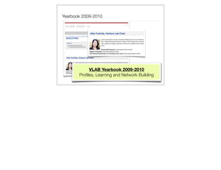 Yearbook 2009-2010




            VLAB Yearbook 2009-2010
       Proﬁles, Learning and Network Building
 