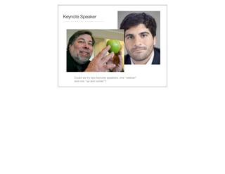 Keynote Speaker




     Could we try two keynote speakers, one “veteran”
     and one “up and comer”?
 