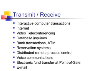 Transmit / Receive
   Interactive computer transactions
   Internet
   Video Teleconferencing
   Database inquiries
   Bank transactions, ATM
   Reservation systems
   Distributed remote process control
   Voice communications
   Electronic fund transfer at Point-of-Sale
   E-mail
 