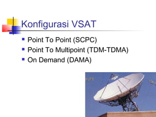 Konfigurasi VSAT
   Point To Point (SCPC)
   Point To Multipoint (TDM-TDMA)
   On Demand (DAMA)
 