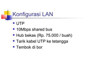 Konfigurasi LAN
   UTP
   10Mbps shared bus
   Hub bekas (Rp. 75.000 / buah)
   Tarik kabel UTP ke tetangga
   Tembok di bor
 