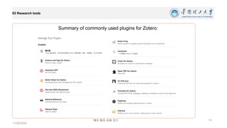博学 慎思 明辨 笃行
02 Research tools
11/26/2024
14
Summary of commonly used plugins for Zotero:
 
