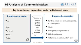 博学 慎思 明辨 笃行
03 Analysis of Common Mistakes
11/26/2024 17
1. Try to use formal expressions and avoid informal ones.
Improved expression
so.
get.
a lot of.
hard.
also.
Problem expression
therefore, hence, as a result, consequently,
as a consequence.
Obtain
many, plenty, a large number of
difficult, challenging
furthermore, in addition, what’s more
We need to
convert
spoken
English
into
written
English.
 