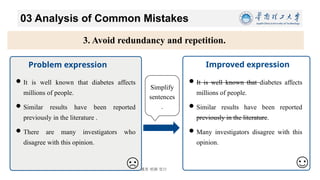 博学 慎思 明辨 笃行
03 Analysis of Common Mistakes
11/26/2024 20
3. Avoid redundancy and repetition.
Improved expression
It is well known that diabetes affects
millions of people.
Similar results have been reported
previously in the literature .
There are many investigators who
disagree with this opinion.
Problem expression
It is well known that diabetes affects
millions of people.
Similar results have been reported
previously in the literature.
Many investigators disagree with this
opinion.
Simplify
sentences
.
 