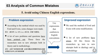 博学 慎思 明辨 笃行
03 Analysis of Common Mistakes
11/26/2024 22
5. Avoid using Chinese English expressions.
Improved expression
According to the method which was used by
Ford and Evens, some changes were made.
译文：我们用 Ford 和 Evens 的方法 , 并做了些更动。
A lot of new problems and questions have
been pointed out. Those force the
researchers turn to new attempts both in
theory and in methodology.
译文：出现了很多新的问题 , 这些问题迫切需要研究者从研究
思想到方法学上进行新的探索
Problem expression
We used the method of Ford and
Evens with some modifications.
A lot of new problems have
arisen. All this forces the
researchers to turn to new
attempts both in ideology and in
methodology
Use
expressions
that
conform to
English
conventions
.
 