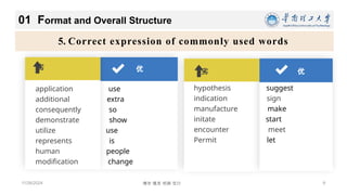 11/26/2024 9
博学 慎思 明辨 笃行
5. Correct expression of commonly used words
01 Format and Overall Structure
优
劣
application use
additional extra
consequently so
demonstrate show
utilize use
represents is
human people
modification change
劣 优
hypothesis suggest
indication sign
manufacture make
initate start
encounter meet
Permit let
 